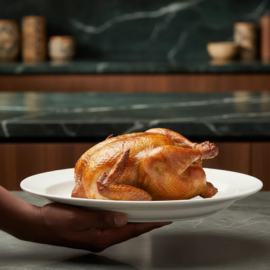 Coq fumé découpé servi sur assiette blanche, prêt à être dégusté. Volaille surgelée au goût fumé, parfaite pour repas familial ou festif.